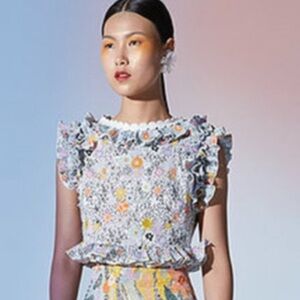 CeliaB Floral Ruffle Crop Top in Blue and Yellow